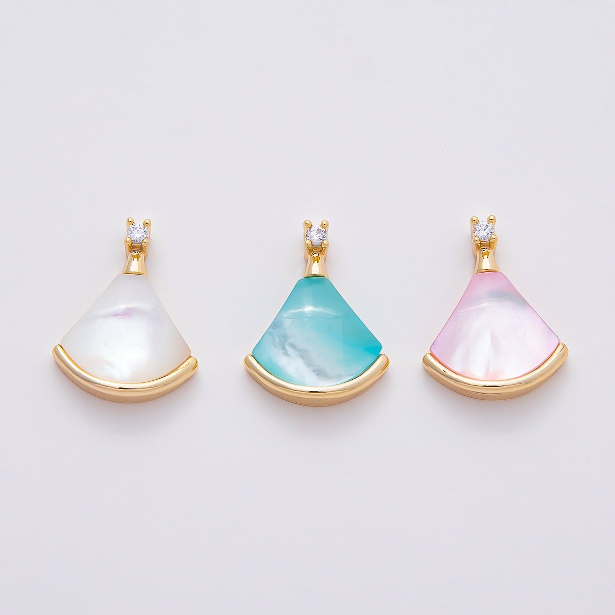 18K Gold Filled 17mm Clear CZ Mother of Pearl Triangle Fan Pendant | Charms - 00753 - Charms - 00755 - DLUXCA