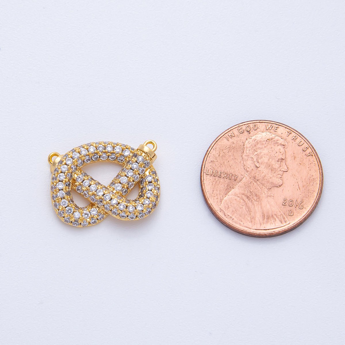18K Gold Filled 17mm Clear Micro Paved CZ Pretzel Pastry Food Connector Finding | CONNECTORS - 00003 - DLUXCA