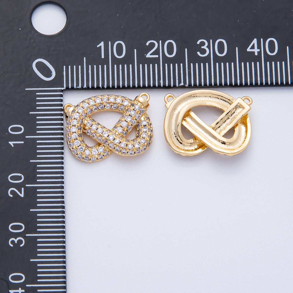 18K Gold Filled 17mm Clear Micro Paved CZ Pretzel Pastry Food Connector Finding | CONNECTORS - 00003 - DLUXCA