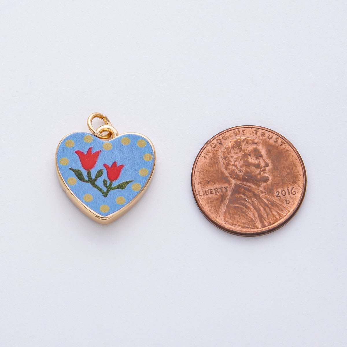 18K Gold Filled 17mm Red Flower Blue Enamel Heart Charm | AF1604 - DLUXCA