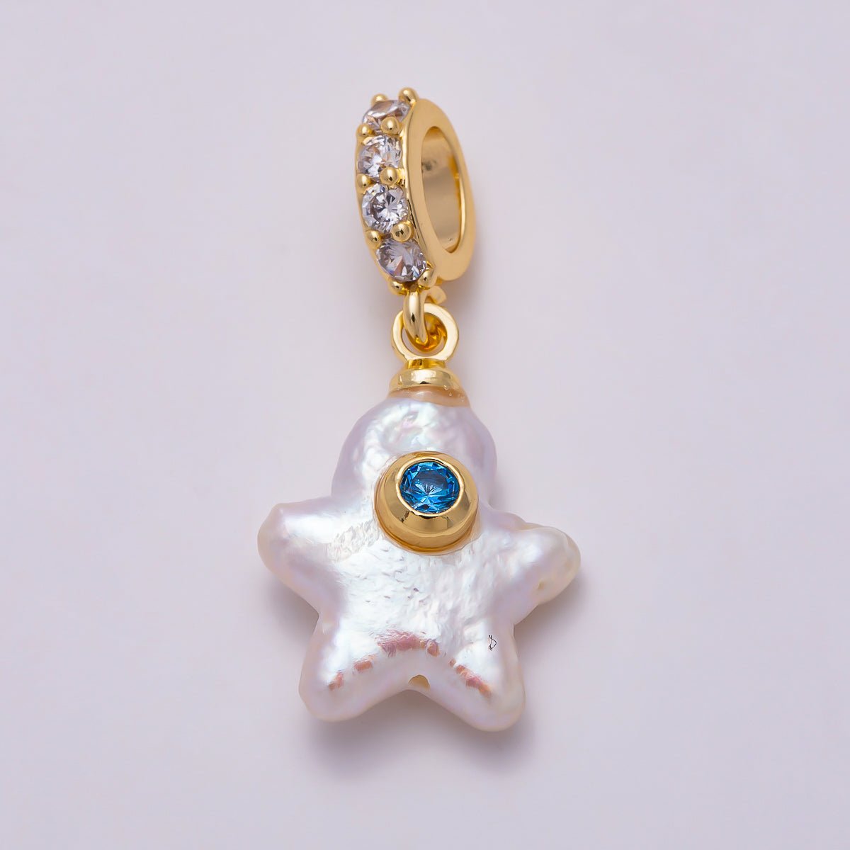 18K Gold Filled 17mm White, Purple Freshwater Pearl Celestial Star Micro Paved CZ Drop Rondelle Pendant | Charms-01589 Charms-01590 - DLUXCA