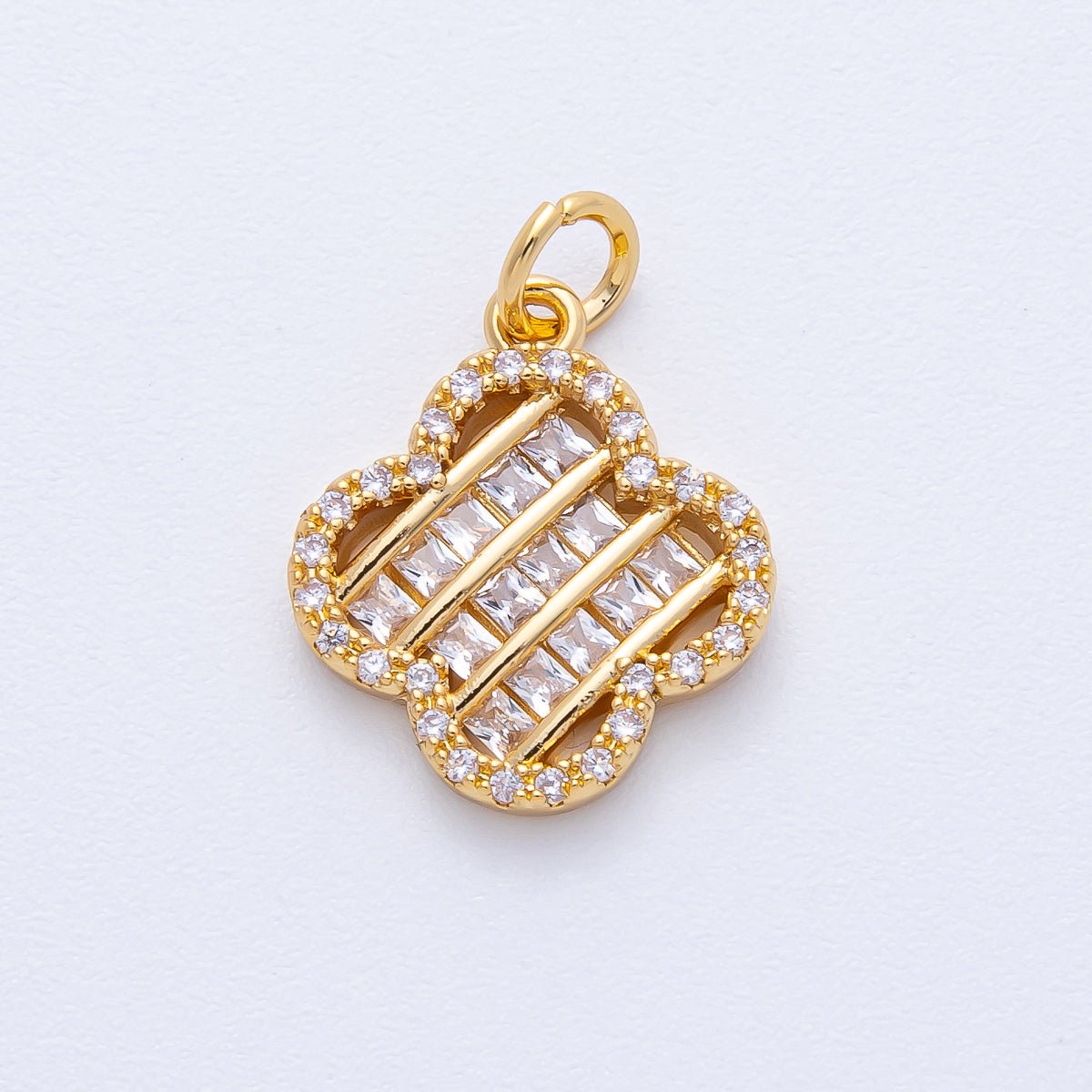 18K Gold Filled 17mm Woven Square Baguette CZ Micro Paved Clover Charm | AK179 - DLUXCA