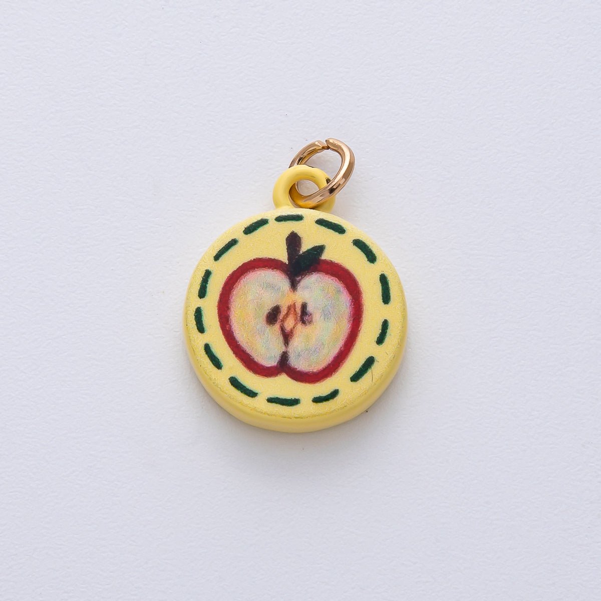18K Gold Filled 18mm Apple Slice Fruit Yellow Enamel Round Charm | AF1616 - DLUXCA