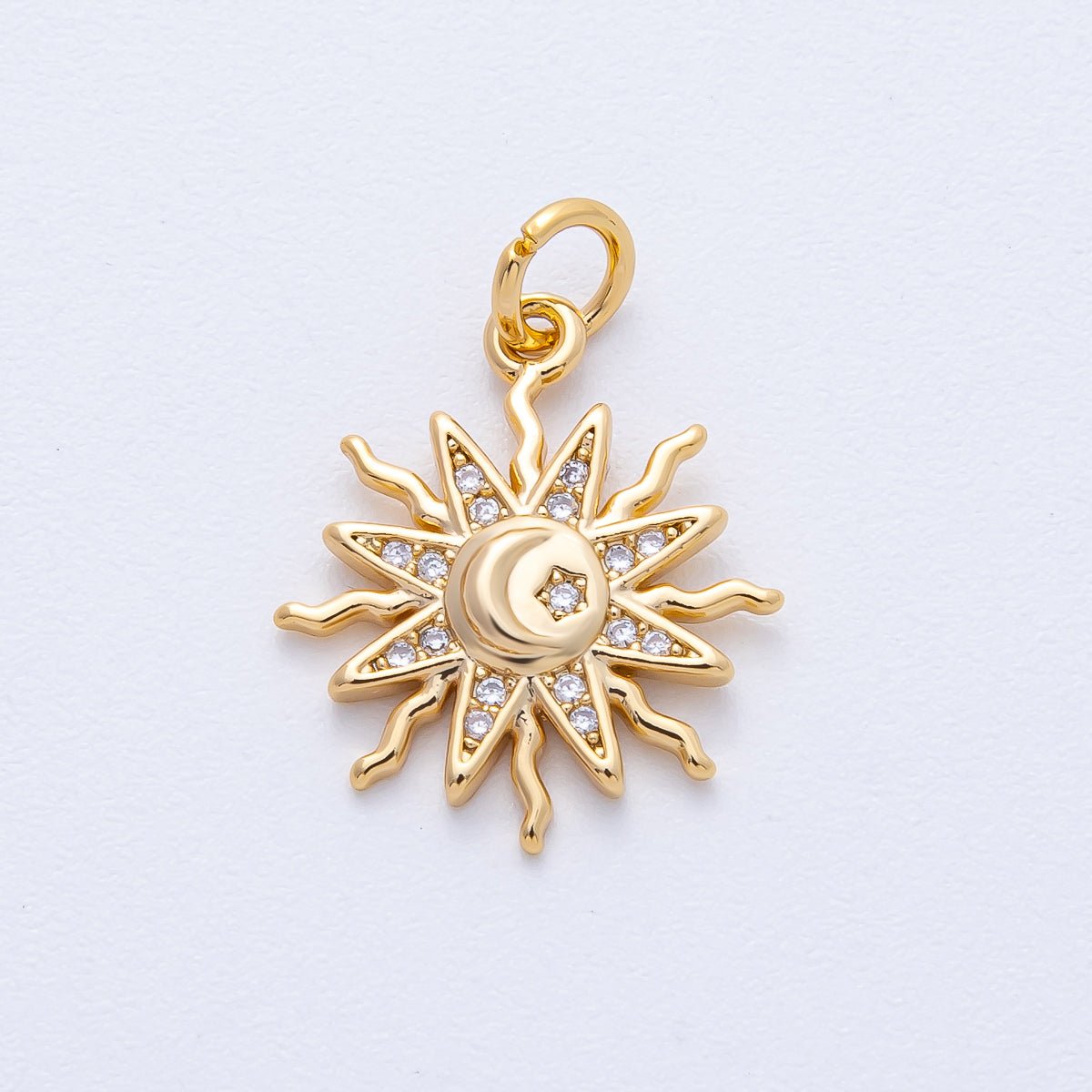 18K Gold Filled 18mm Clear Micro Paved CZ Celestial Crescent Moon Star Sun Ray Charm | AK164 - DLUXCA