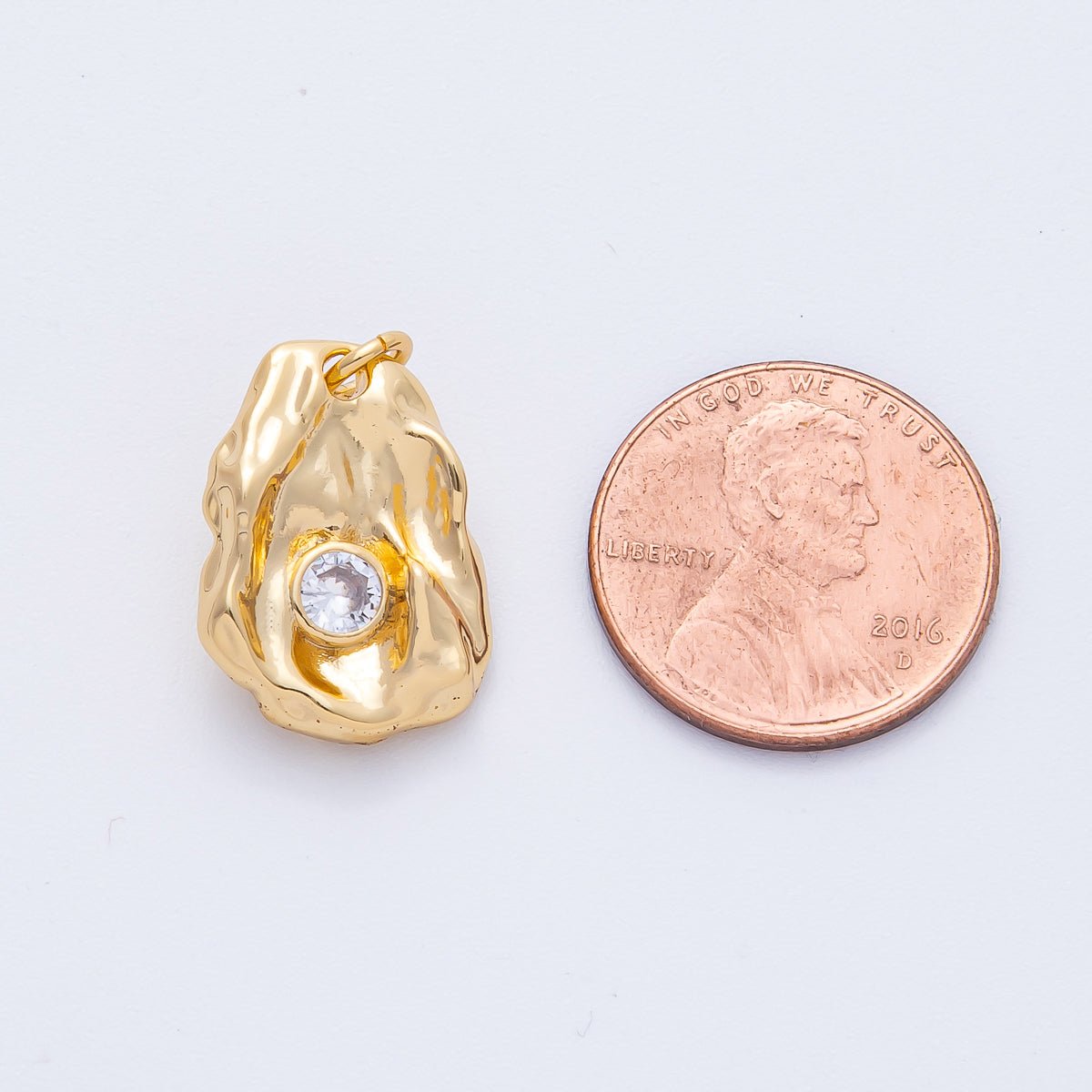 18K Gold Filled 18mm Clear Round CZ Hammered Molten Geometric Charm | AK197 - DLUXCA