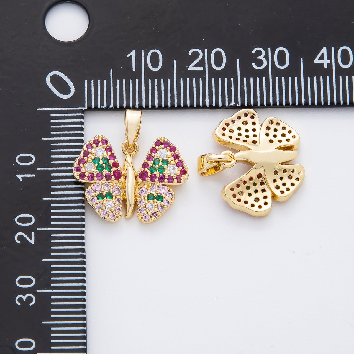18K Gold Filled 18mm Fuchsia & Green Micro Paved CZ Butterfly Mariposa Pendant | AF - A1132 - DLUXCA