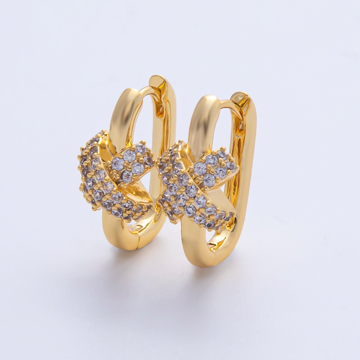 18K Gold Filled 18mm Micro Paved CZ Crossed Oblong Hoop Earrings | Q029 - DLUXCA