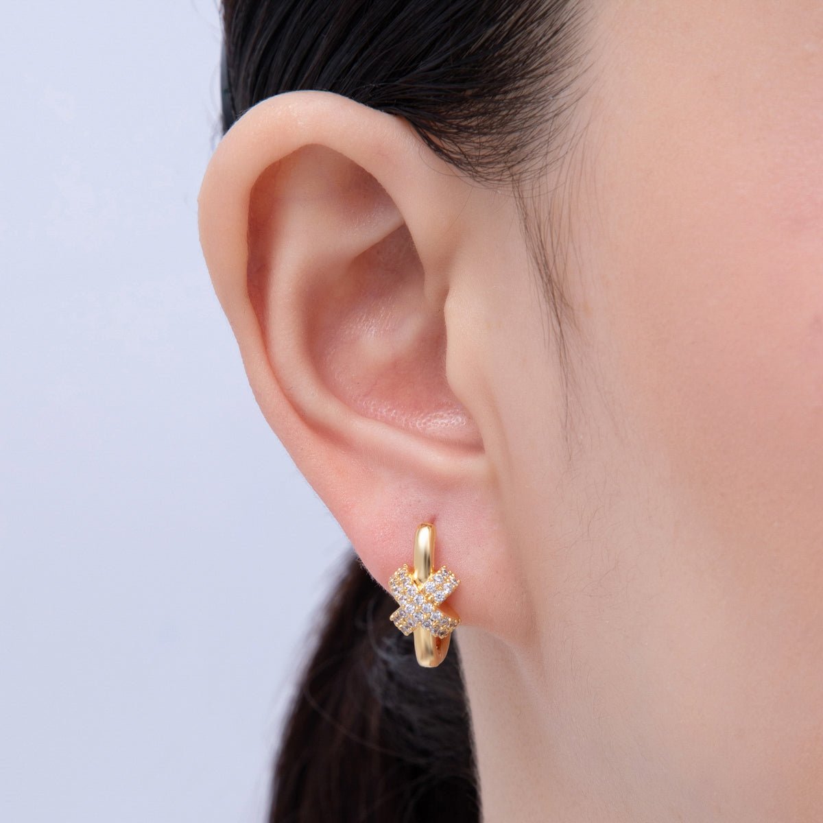 18K Gold Filled 18mm Micro Paved CZ Crossed Oblong Hoop Earrings | Q029 - DLUXCA
