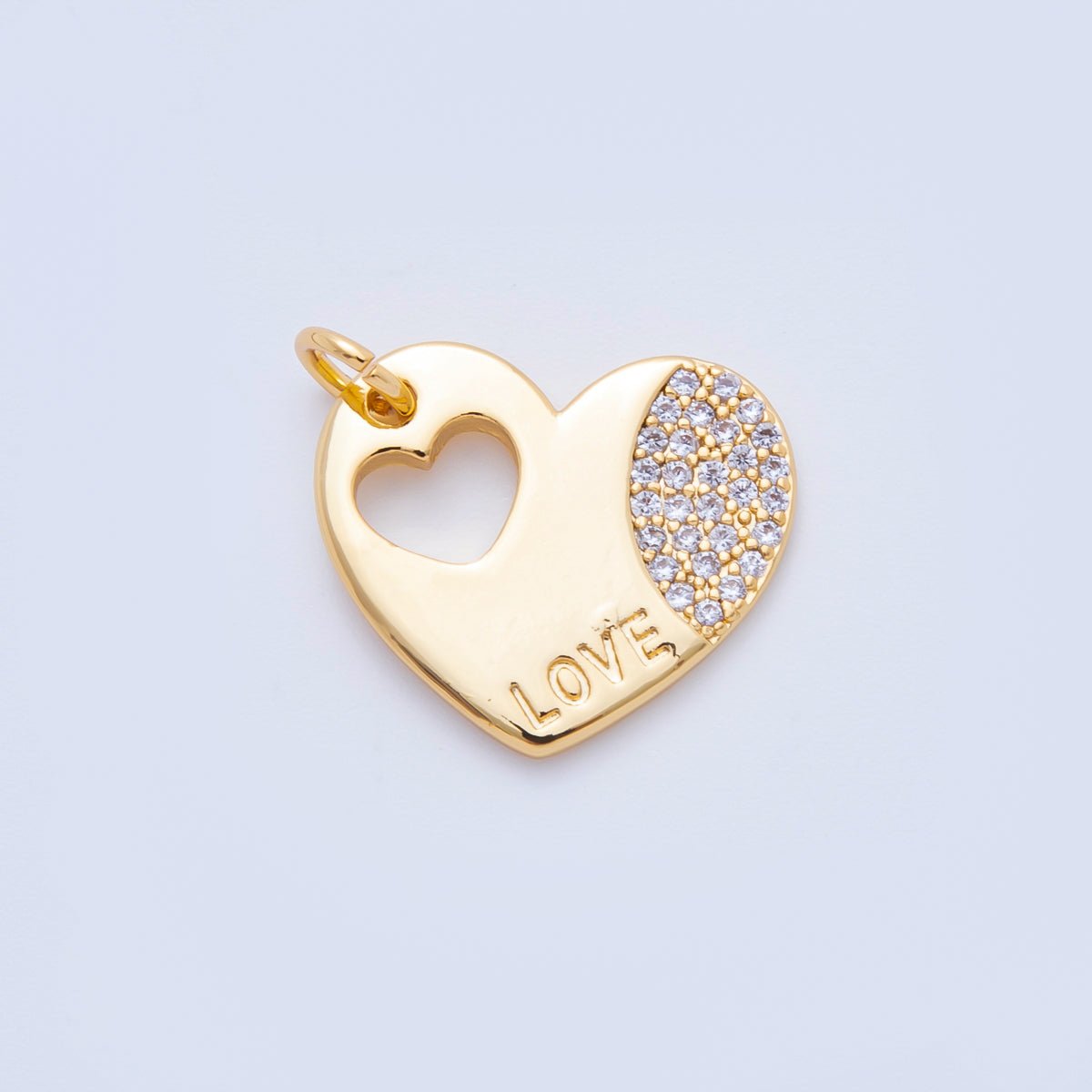 18K Gold Filled 18mm Micro Paved CZ Open Heart in Heart with Love Transcript Charm | N601 - DLUXCA