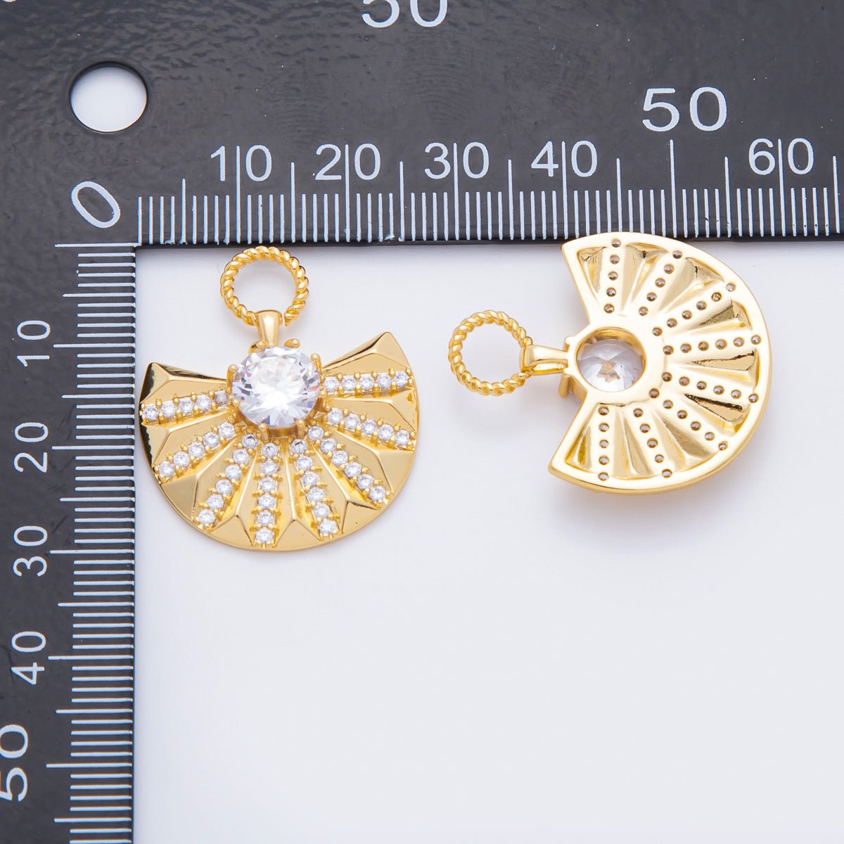 18K Gold Filled 18mm Micro Paved & Round CZ Wide Luxury Fan - Shaped Charm | N605 - DLUXCA