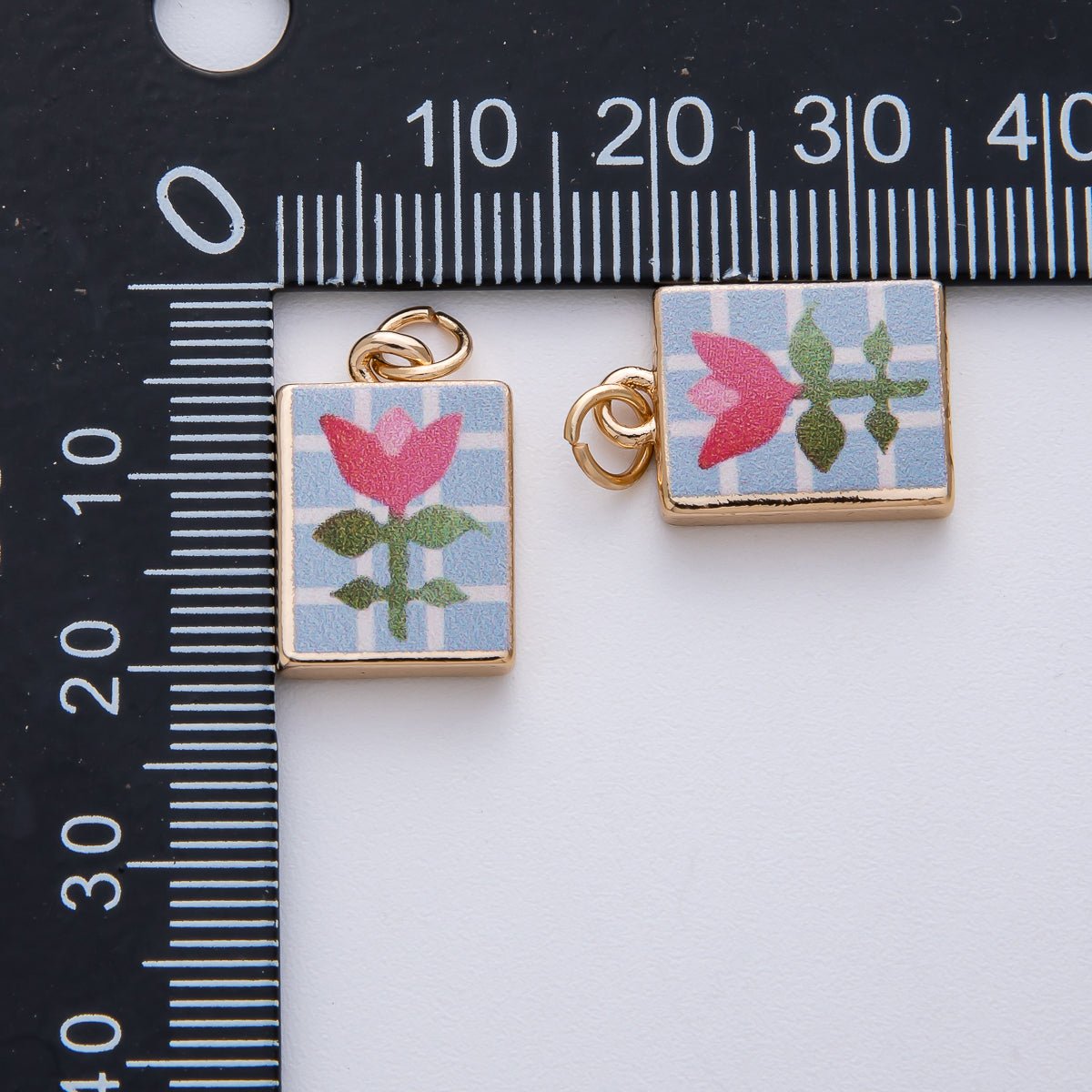 18K Gold Filled 18mm Pink Flower Blue Enamel Rectangular Charm | AF1598 - DLUXCA