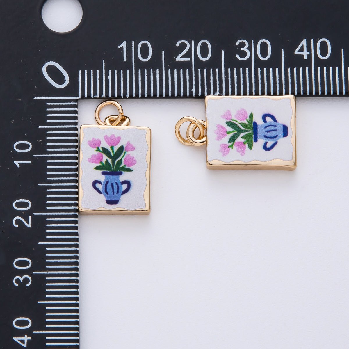 18K Gold Filled 18mm Pink Flower Blue Vase White Enamel Rectangular Charm | AF1601 - DLUXCA