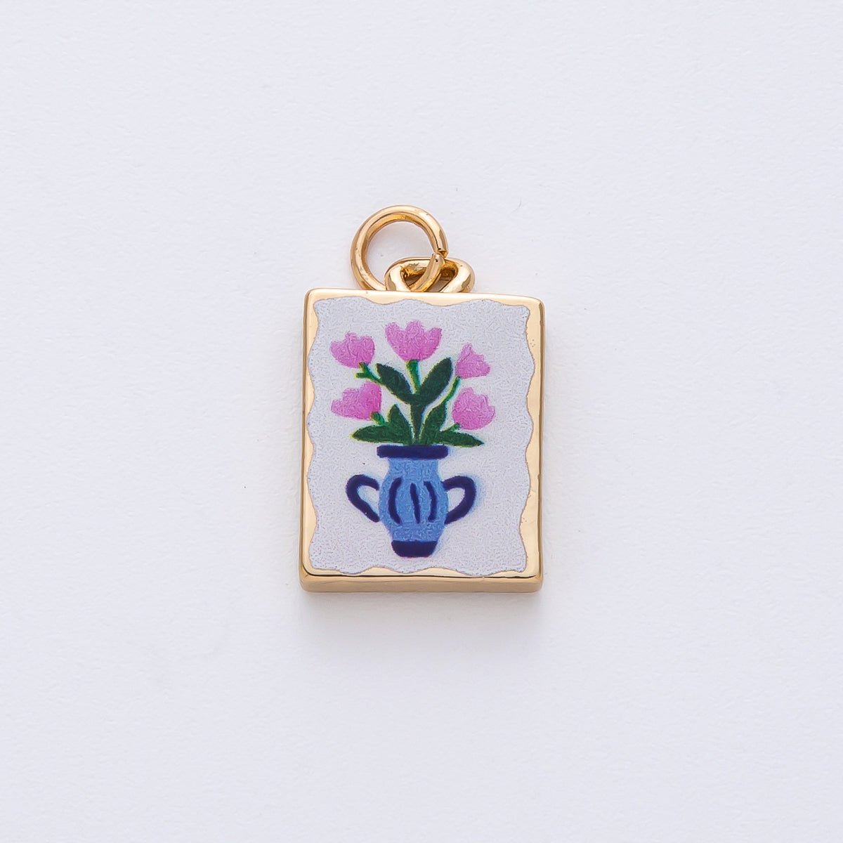 18K Gold Filled 18mm Pink Flower Blue Vase White Enamel Rectangular Charm | AF1601 - DLUXCA