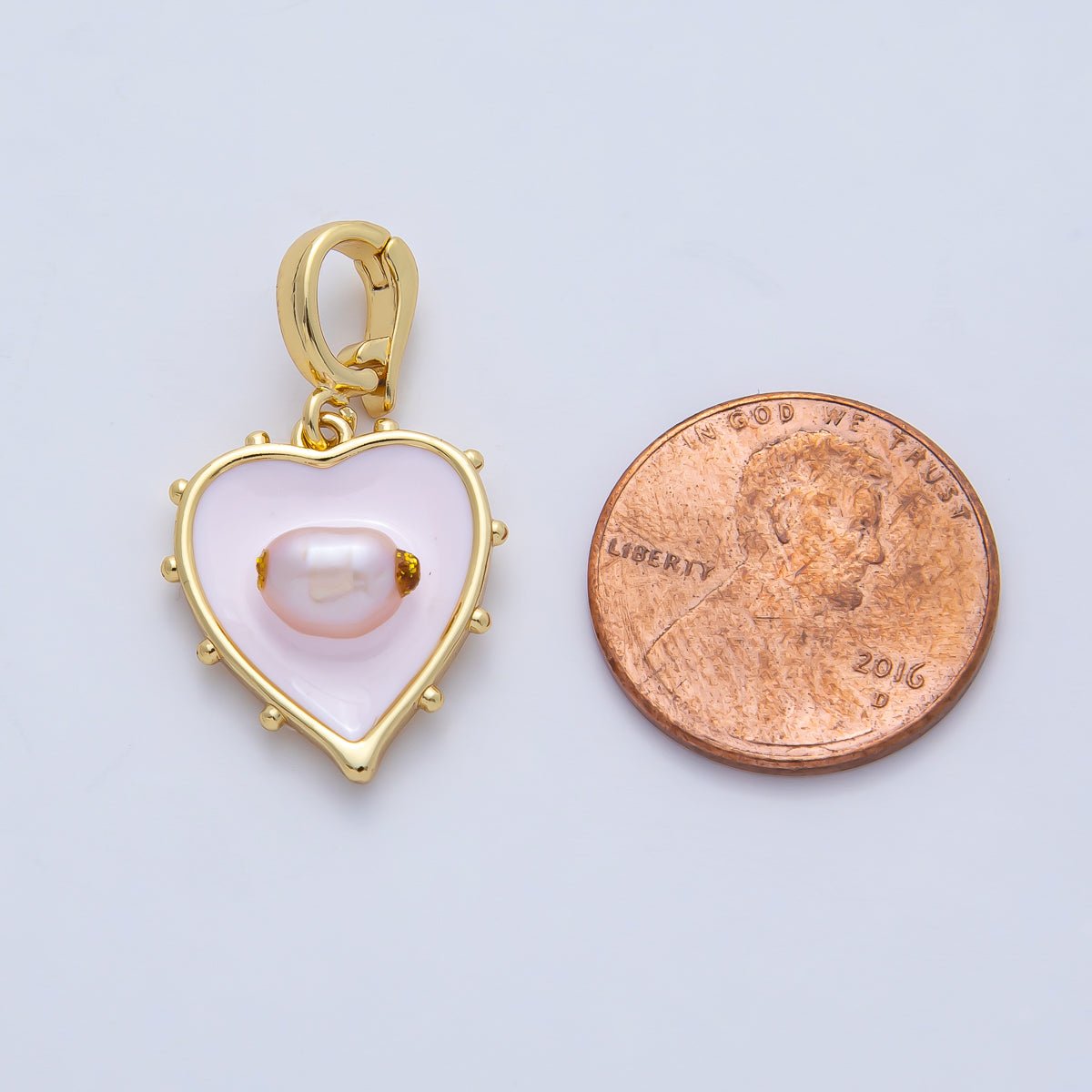 18K Gold Filled 18mm Pink Shell Pearl Clear Love Heart Pendant Charm | AF1191 - DLUXCA