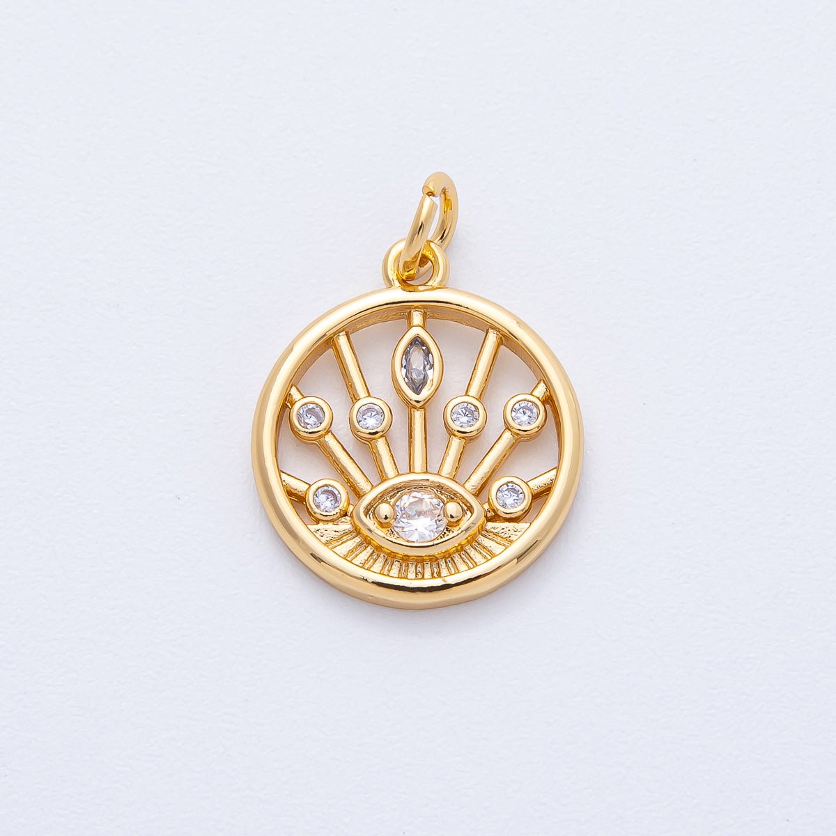 18K Gold Filled 18mm Sunburst Evil Eye CZ Round Charm | AK174 - DLUXCA
