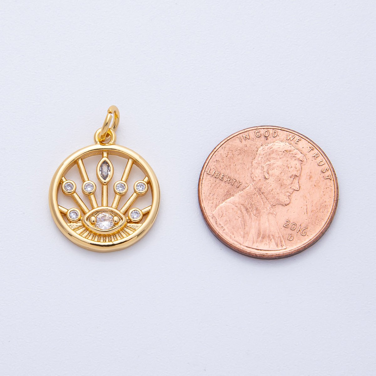 18K Gold Filled 18mm Sunburst Evil Eye CZ Round Charm | AK174 - DLUXCA