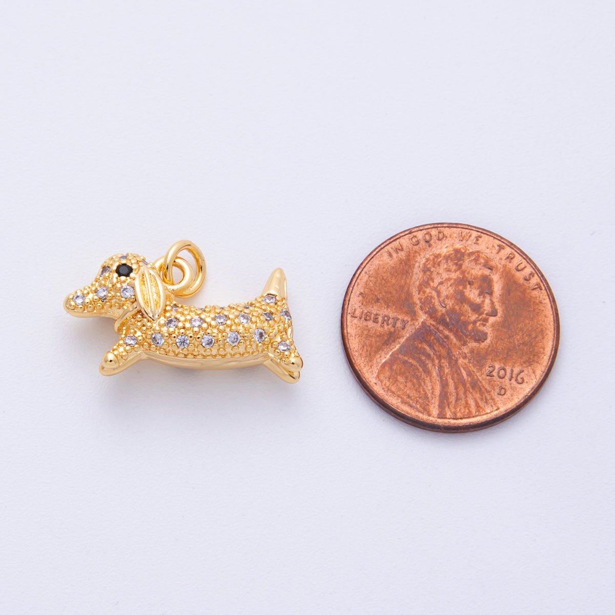 18K Gold Filled 19.5mm Micro Paved Dachshund Wiener Dog Pet Animal 3D Multidimensional Charms | Charms - 00108 - DLUXCA