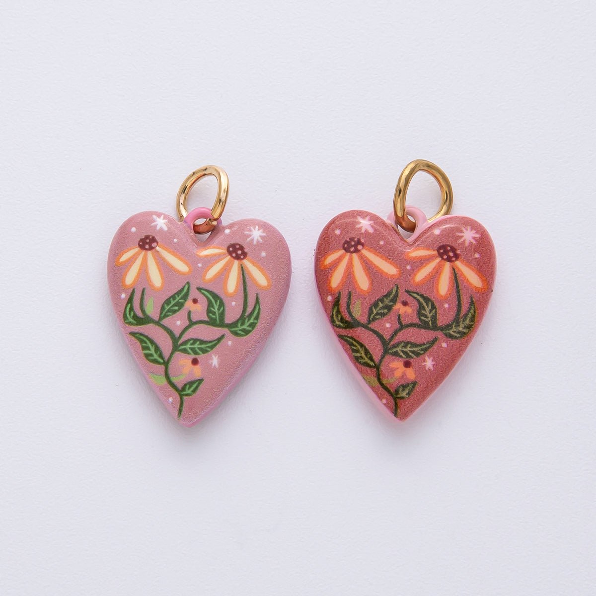 18K Gold Filled 19.5mm Pink - Red Double Sided Flower Enamel Heart Charm | AF1617 - DLUXCA