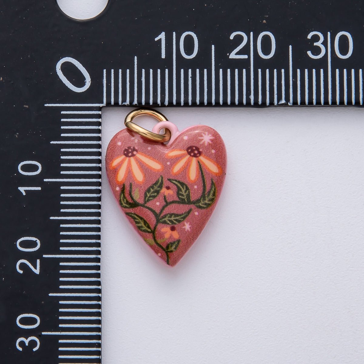 18K Gold Filled 19.5mm Pink - Red Double Sided Flower Enamel Heart Charm | AF1617 - DLUXCA