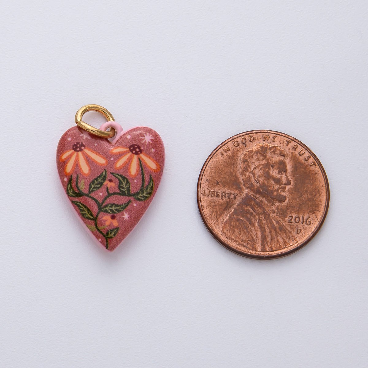 18K Gold Filled 19.5mm Pink - Red Double Sided Flower Enamel Heart Charm | AF1617 - DLUXCA