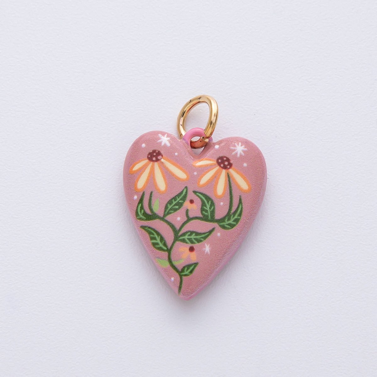 18K Gold Filled 19.5mm Pink - Red Double Sided Flower Enamel Heart Charm | AF1617 - DLUXCA