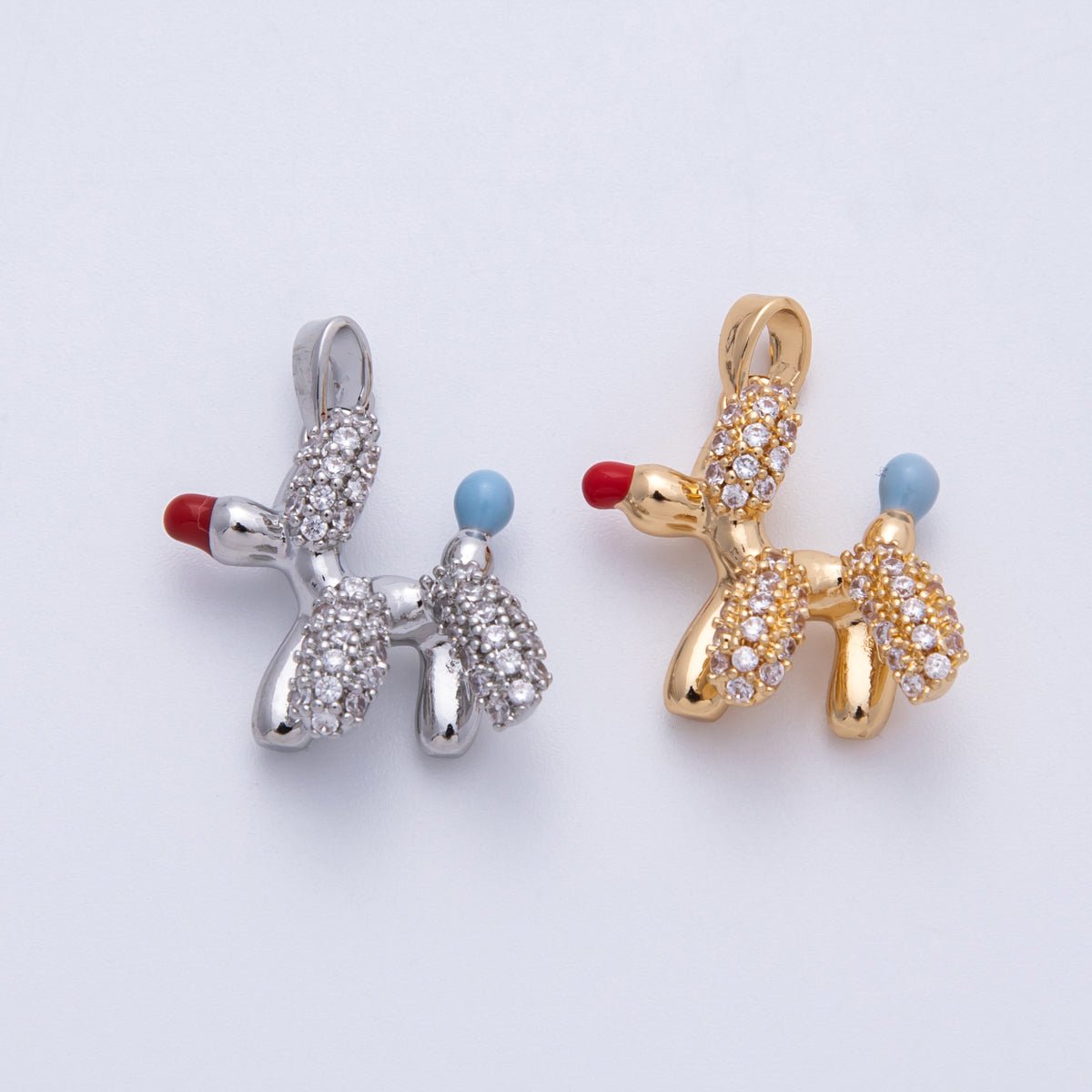 18K Gold Filled 19mm Blue, Red Puppy Balloon Animal Micro Paved CZ Pendant in Gold & Silver | H199 - DLUXCA