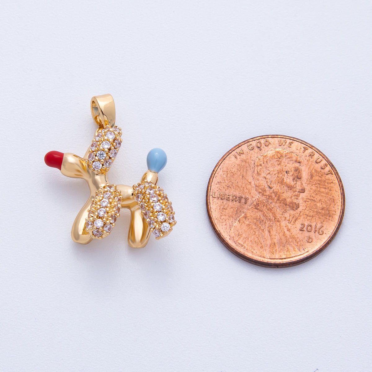 18K Gold Filled 19mm Blue, Red Puppy Balloon Animal Micro Paved CZ Pendant in Gold & Silver | H199 - DLUXCA