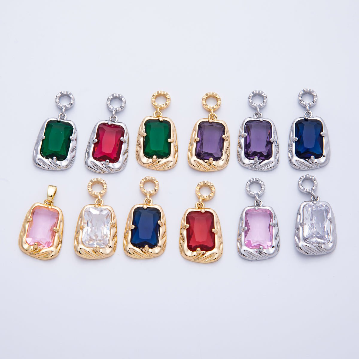 18K Gold Filled 19mm Blue, Red, Purple, Green, Clear, Pink Baguette CZ Molten Pendant in Gold & Silver | Charms - 00267 ~ Charms - 00278 - DLUXCA