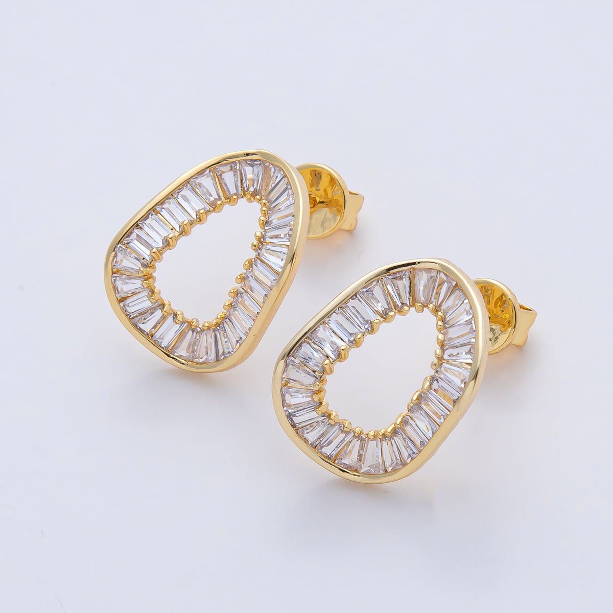 18K Gold Filled 19mm Clear Baguette CZ Curved Geometric Oval Stud Earrings | AD1657 - DLUXCA