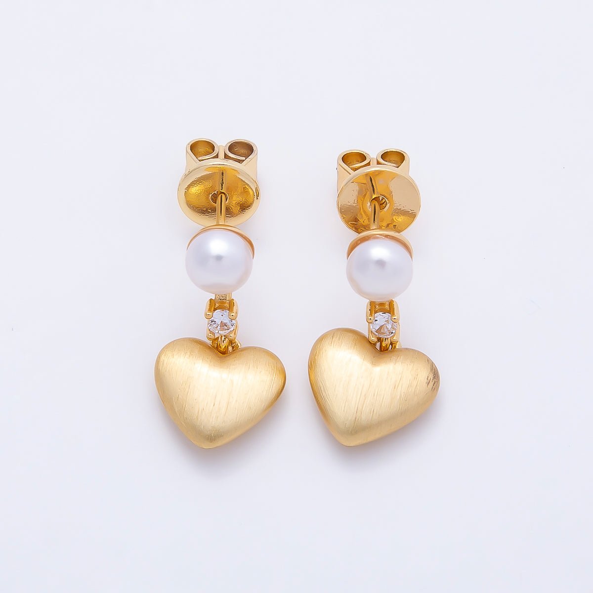 18K Gold Filled 19mm Clear CZ Shell Pearl Heart Drop Stud Earrings | Earrings-00429 - DLUXCA