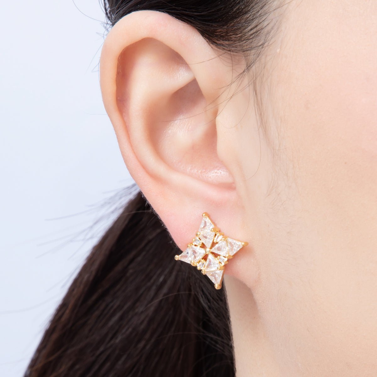 18K Gold Filled 19mm Clear CZ Triangle Celestial Star Stud Earrings | Earrings - 00108 - DLUXCA