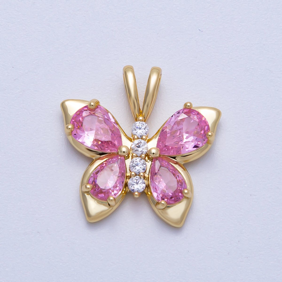 18K Gold Filled 19mm Pink CZ Micro Paved Butterfly Mariposa Animal Pendant | Charms - 00538 - DLUXCA