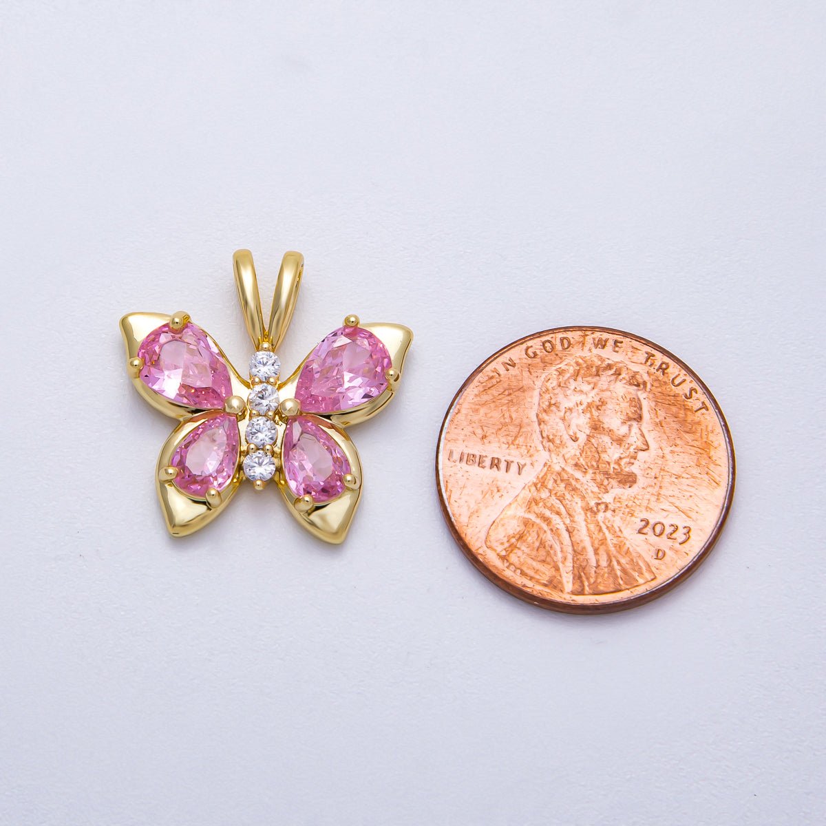 18K Gold Filled 19mm Pink CZ Micro Paved Butterfly Mariposa Animal Pendant | Charms - 00538 - DLUXCA