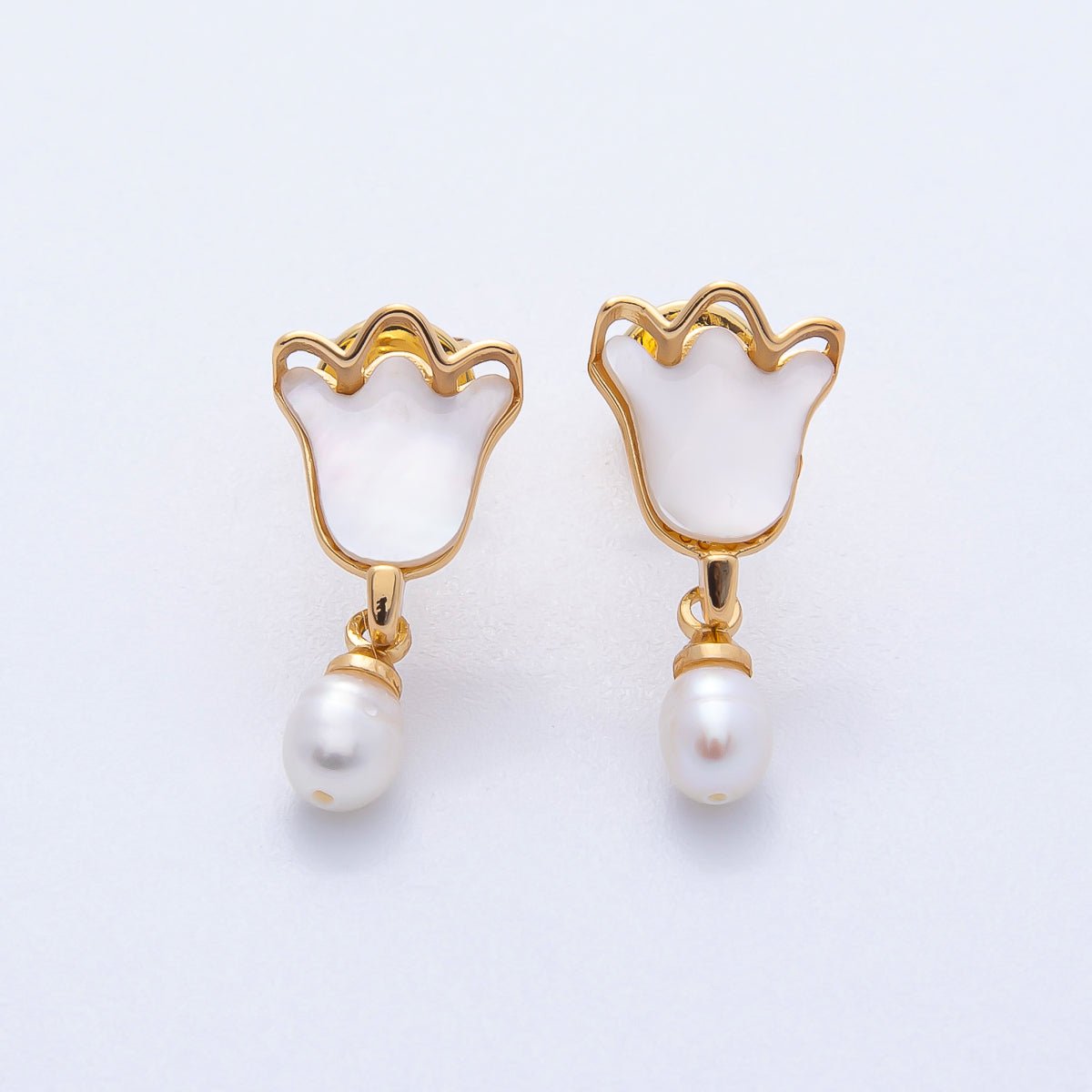 18K Gold Filled 19mm Tulip Flower Dangle Shell Pearl Stud Earrings | A1676 - DLUXCA