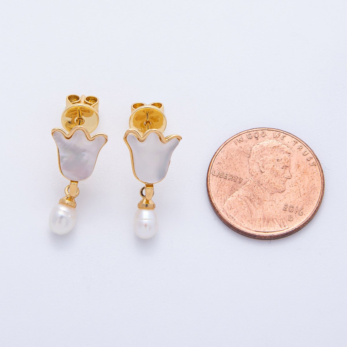 18K Gold Filled 19mm Tulip Flower Dangle Shell Pearl Stud Earrings | A1676 - DLUXCA
