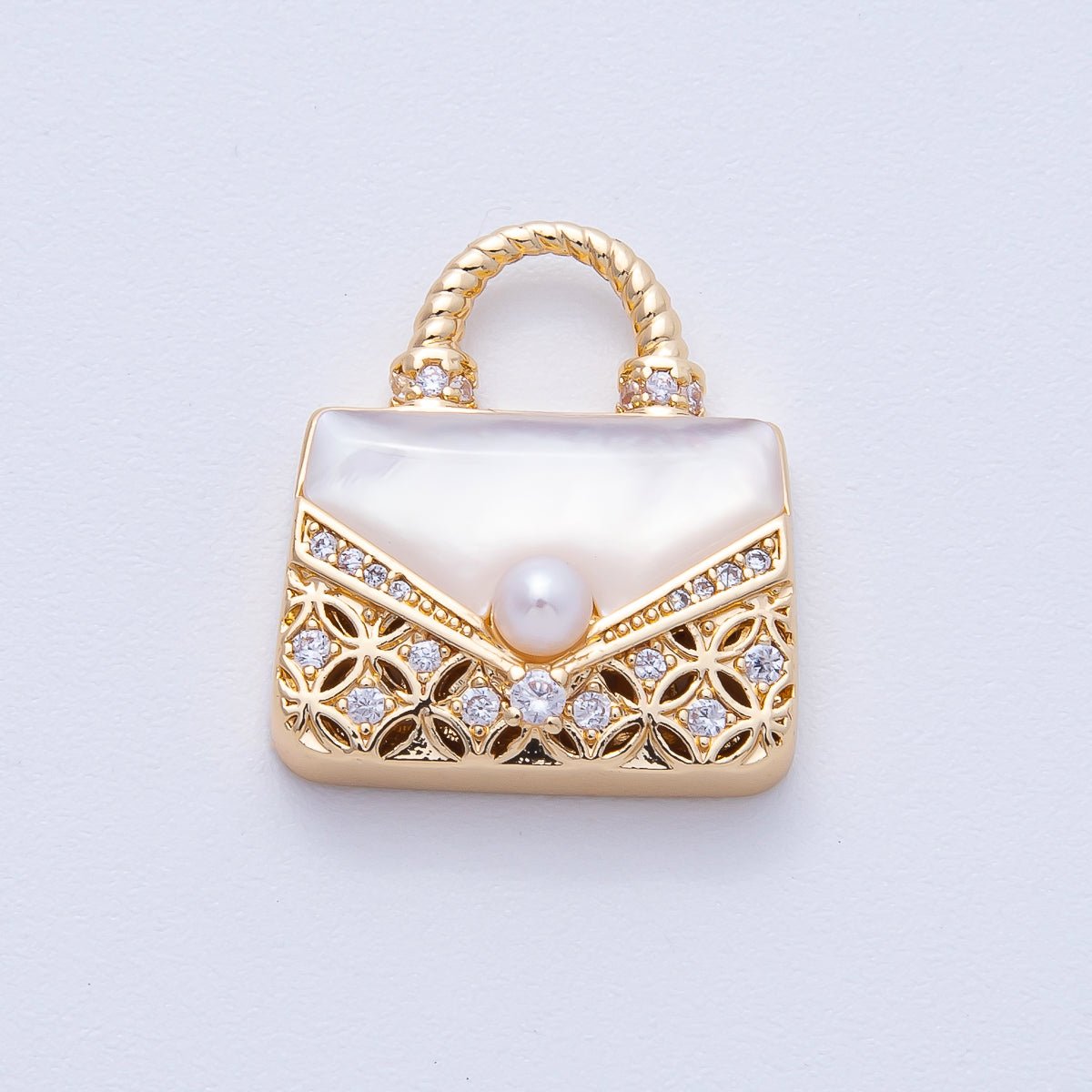 18K Gold Filled 19mm White, Pink Shell Pearl Micro Paved CZ Top Handle Bag Pendant | AK153 - DLUXCA