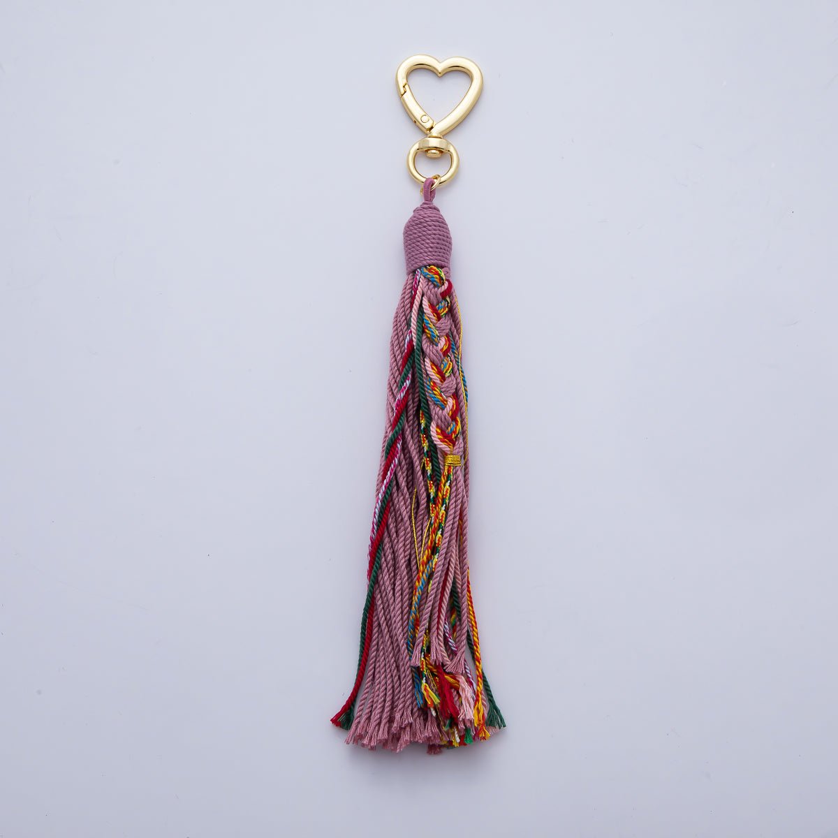 18K Gold Filled 200mm Red, Khaki, Pink Mixed - Knot Tweed Cord Heart Push Gate Keychain Accessories | WB - 00220 ~ WB - 00228 - DLUXCA