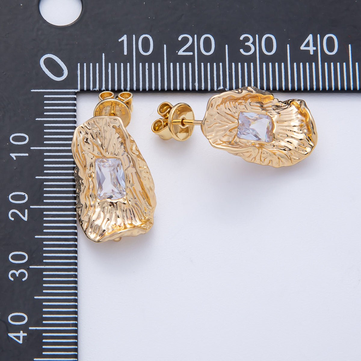 18K Gold Filled 20.5mm Baguette CZ Molten Geometric Drop Stud Finding in Gold & Silver | Z1669 - DLUXCA