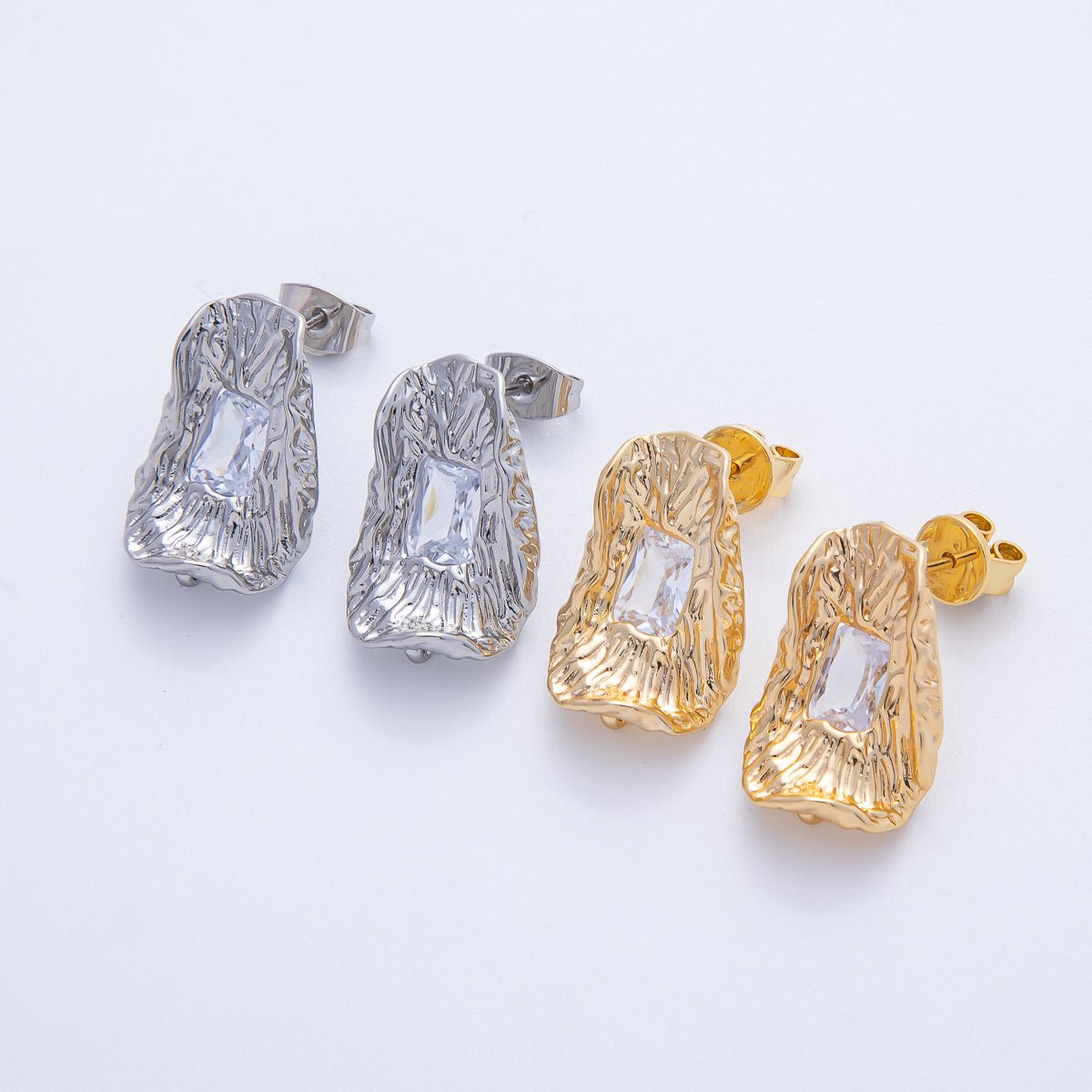 18K Gold Filled 20.5mm Baguette CZ Molten Geometric Drop Stud Finding in Gold & Silver | Z1669 - DLUXCA