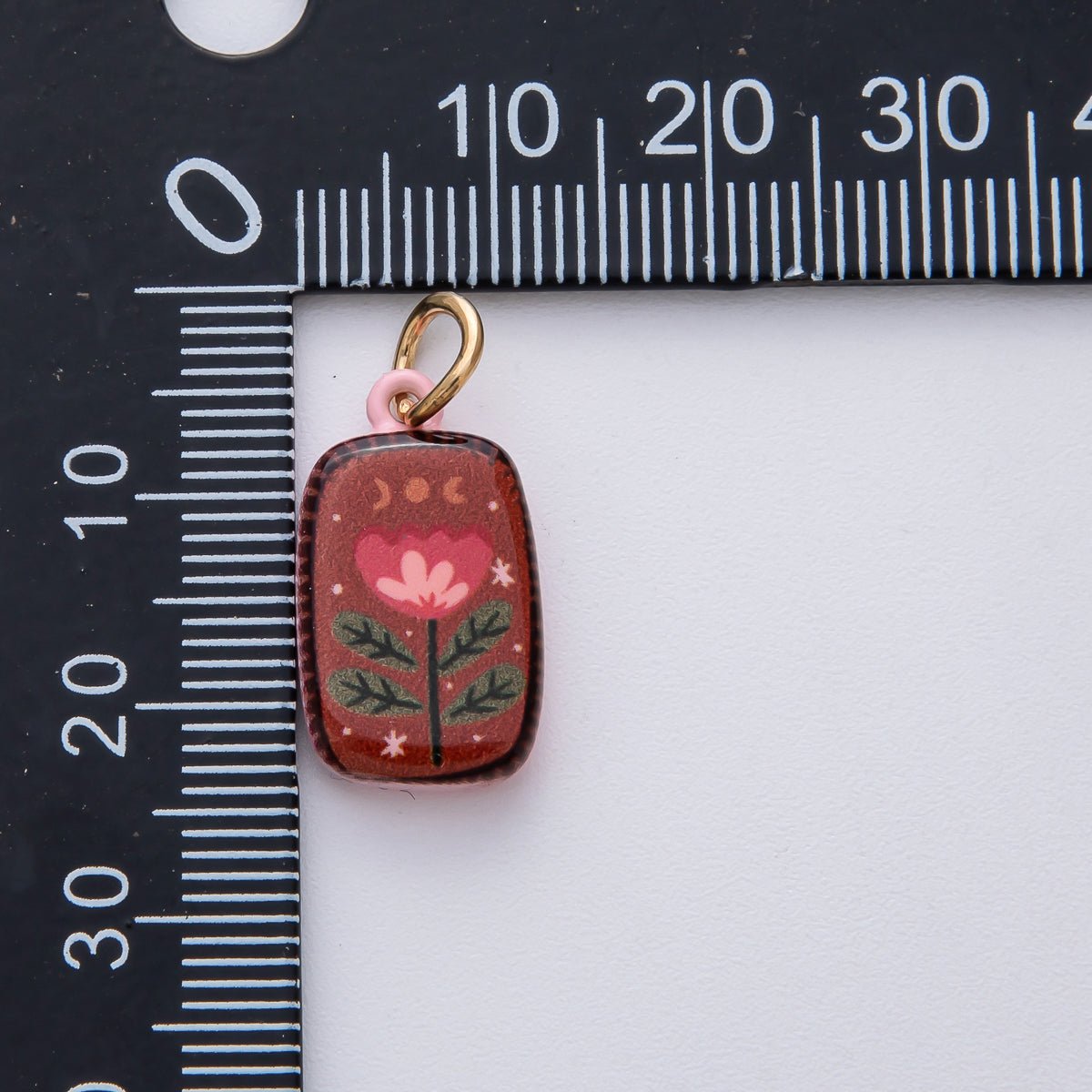 18K Gold Filled 20.5mm Red Brown Flower Enamel Double Sided Rectangular Charm | D420 - DLUXCA