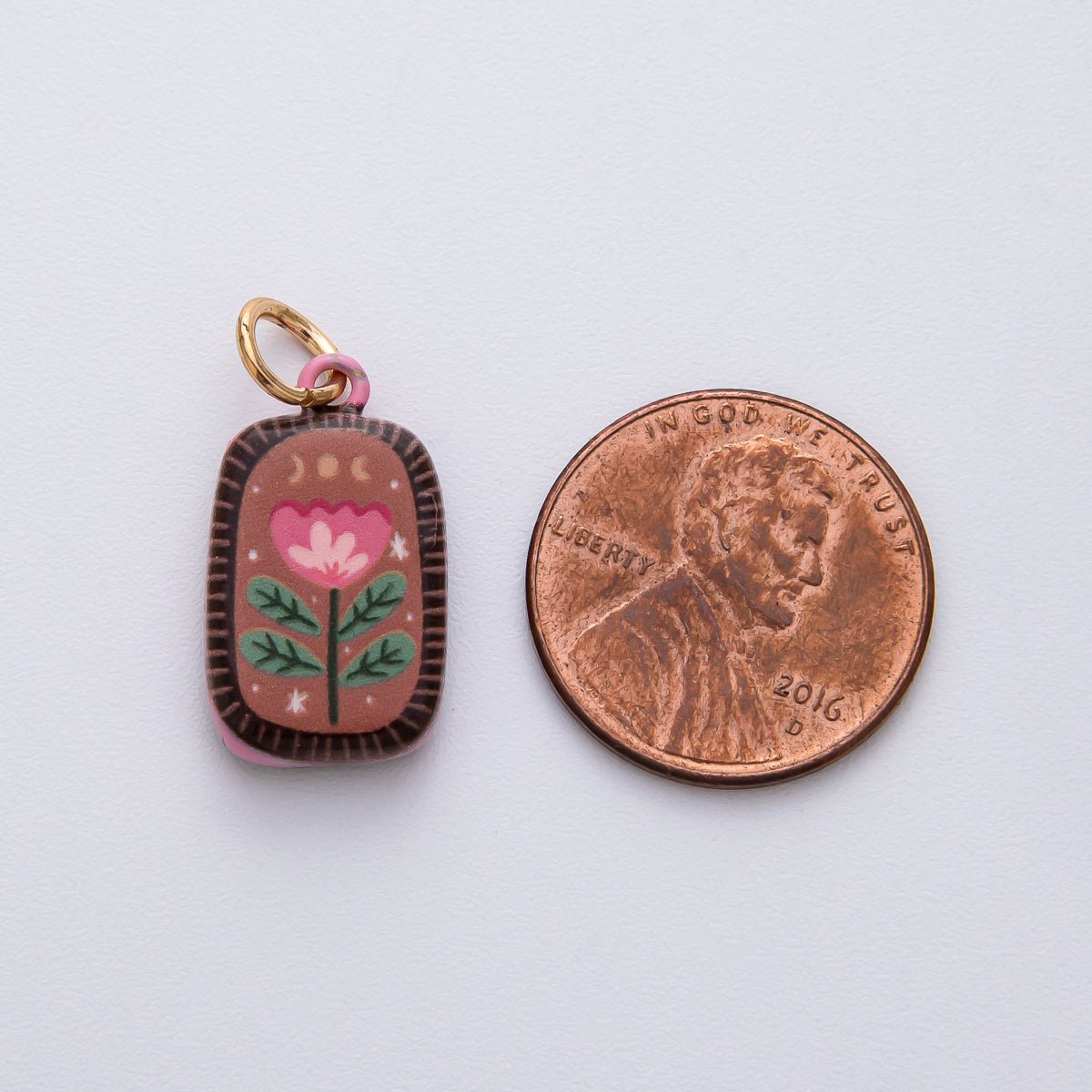 18K Gold Filled 20.5mm Red Brown Flower Enamel Double Sided Rectangular Charm | D420 - DLUXCA