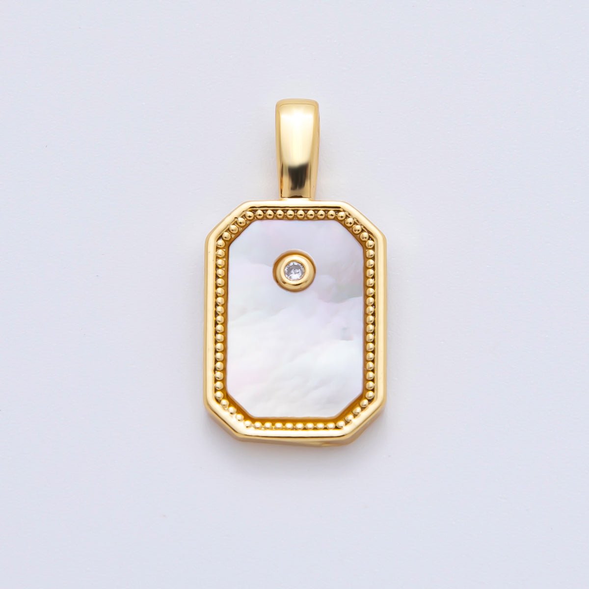 18K Gold Filled 20.5mm Round CZ Shell Pearl Minimalist Tag Bezle Charm | AF1115 - DLUXCA