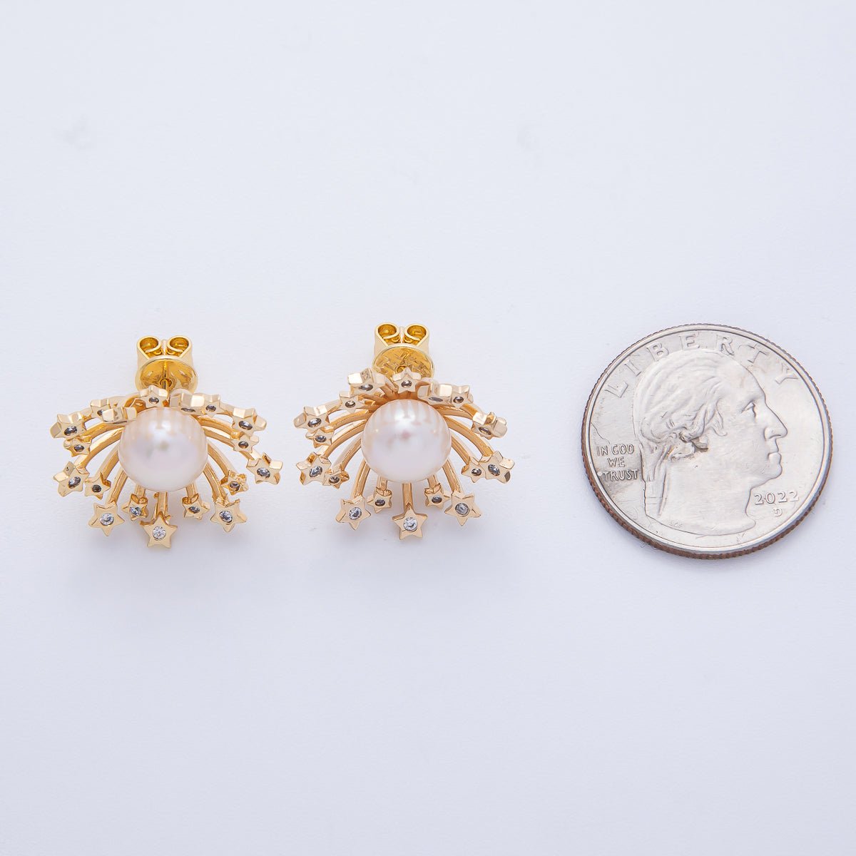 18K Gold Filled 20.5mm Shell Pearl CZ Star Fireworks Stud Earrings | Q038 - DLUXCA