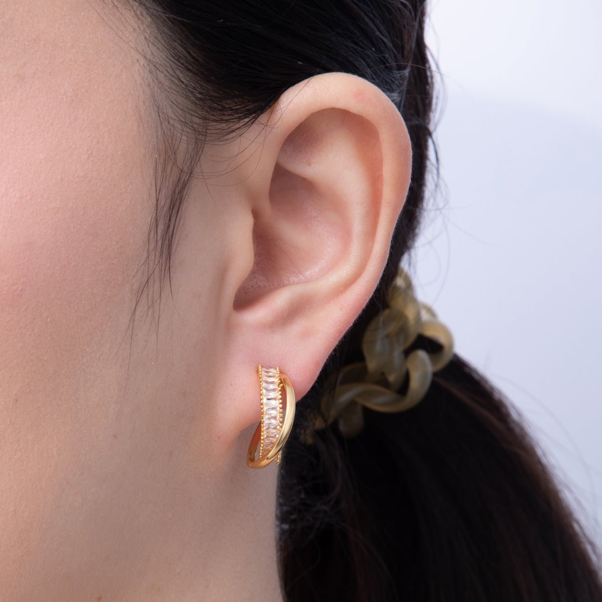 18K Gold Filled 20mm Baguette CZ Double Band C - Shaped Hoop Earrings | AD1599 - DLUXCA