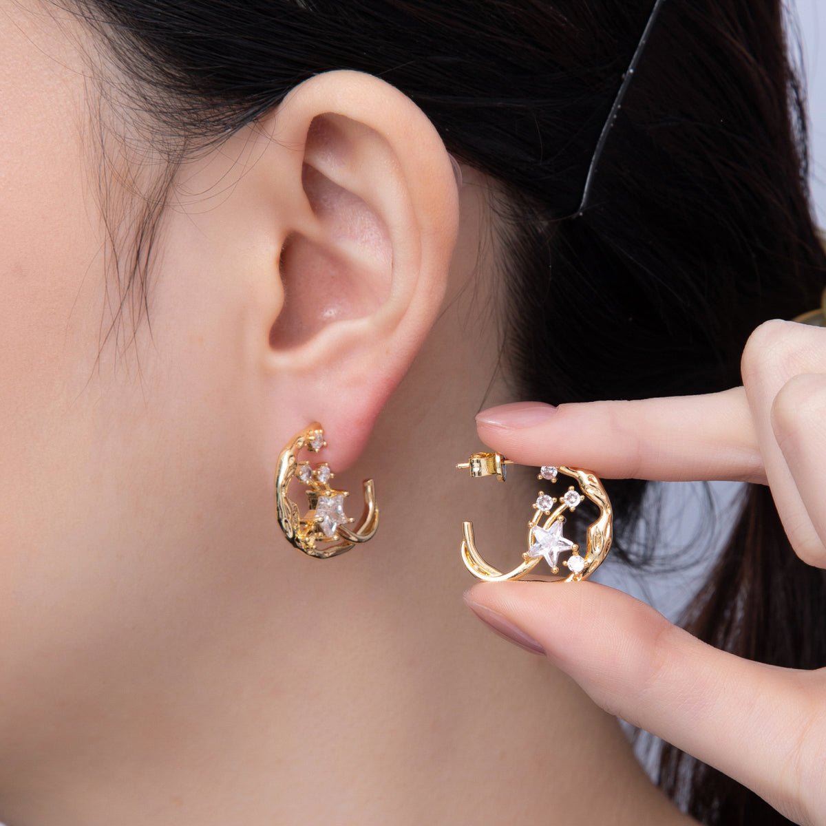18K Gold Filled 20mm Celestial Star CZ Molten C - Shaped Hoop Earrings | AD1615 - DLUXCA
