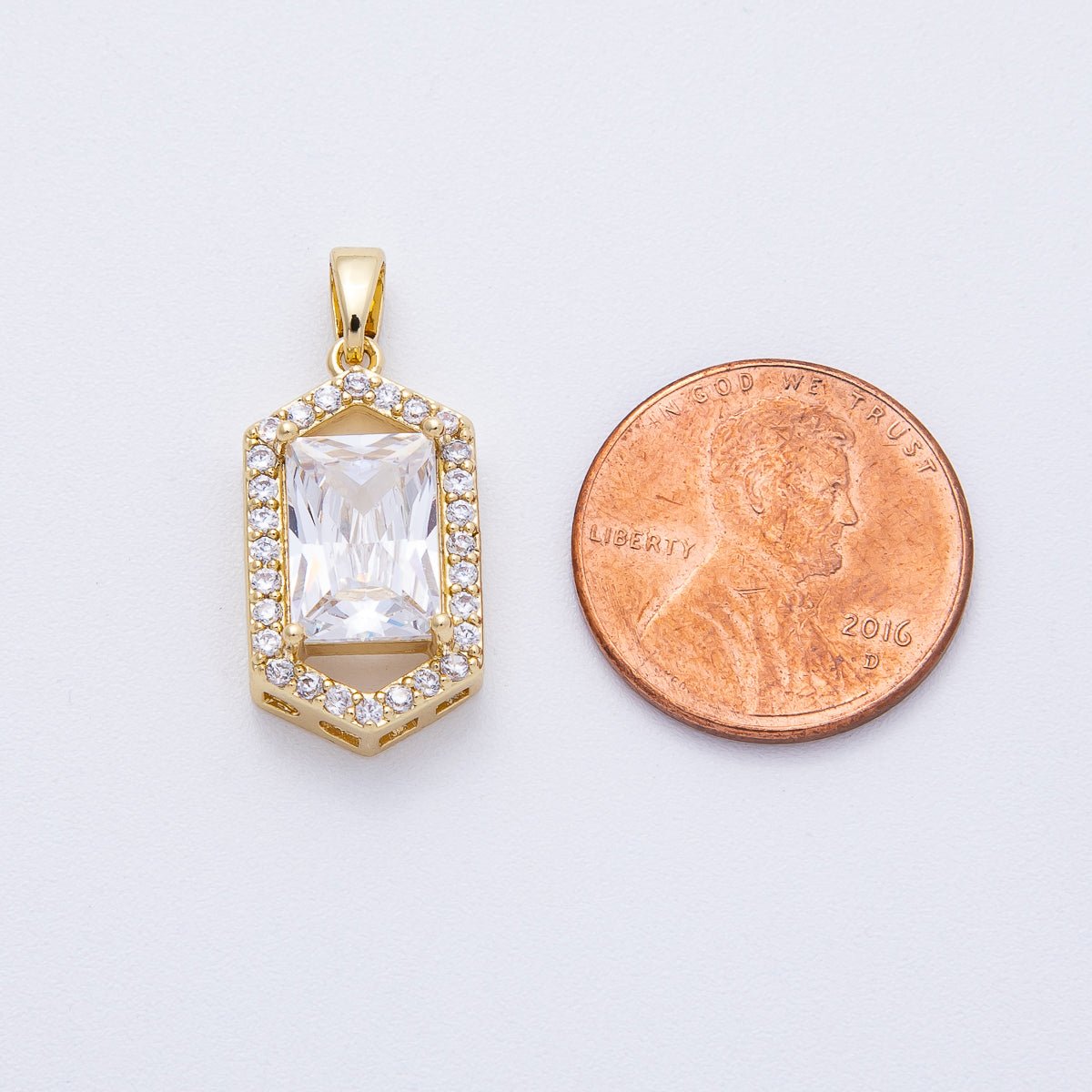 18K Gold Filled 20mm Clear Baguette Micro Paved CZ Hexagonal Pendant | AF1232 - DLUXCA