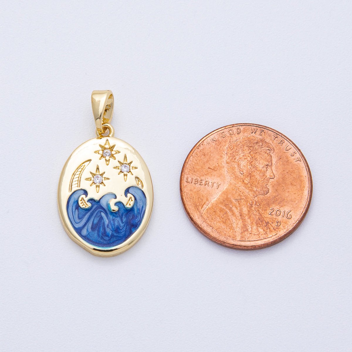 18K Gold Filled 20mm Clear CZ Celestial Crescent Moon Star Sea Ocean Oval Pendant | AF1233 - DLUXCA