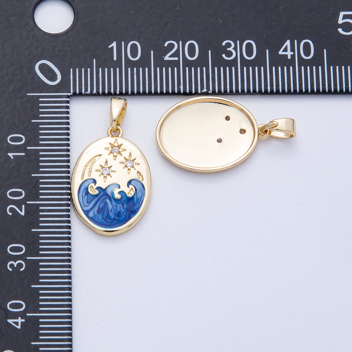 18K Gold Filled 20mm Clear CZ Celestial Crescent Moon Star Sea Ocean Oval Pendant | AF1233 - DLUXCA