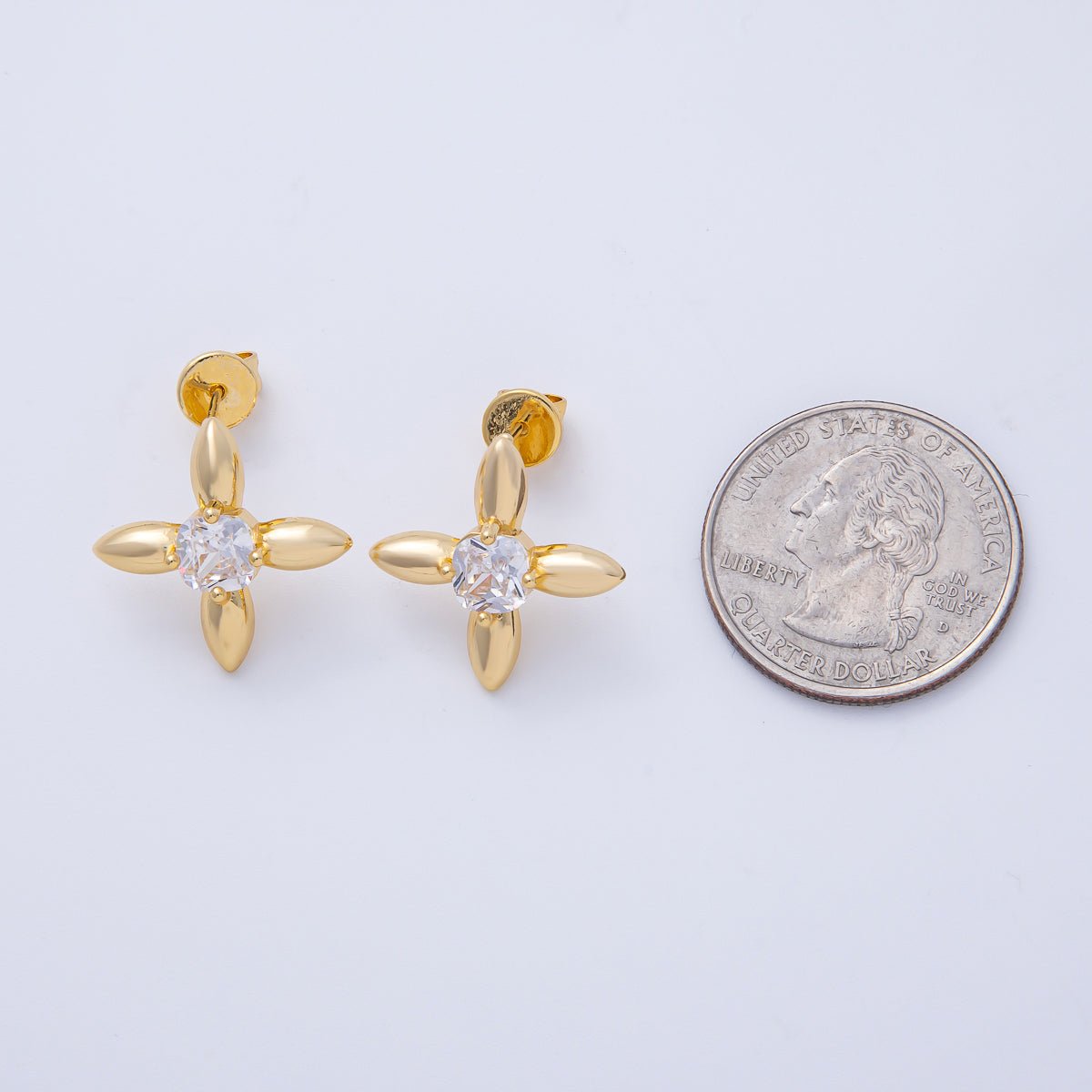 18K Gold Filled 20mm Clear CZ Petal Flower Stud Earrings | T129 - DLUXCA