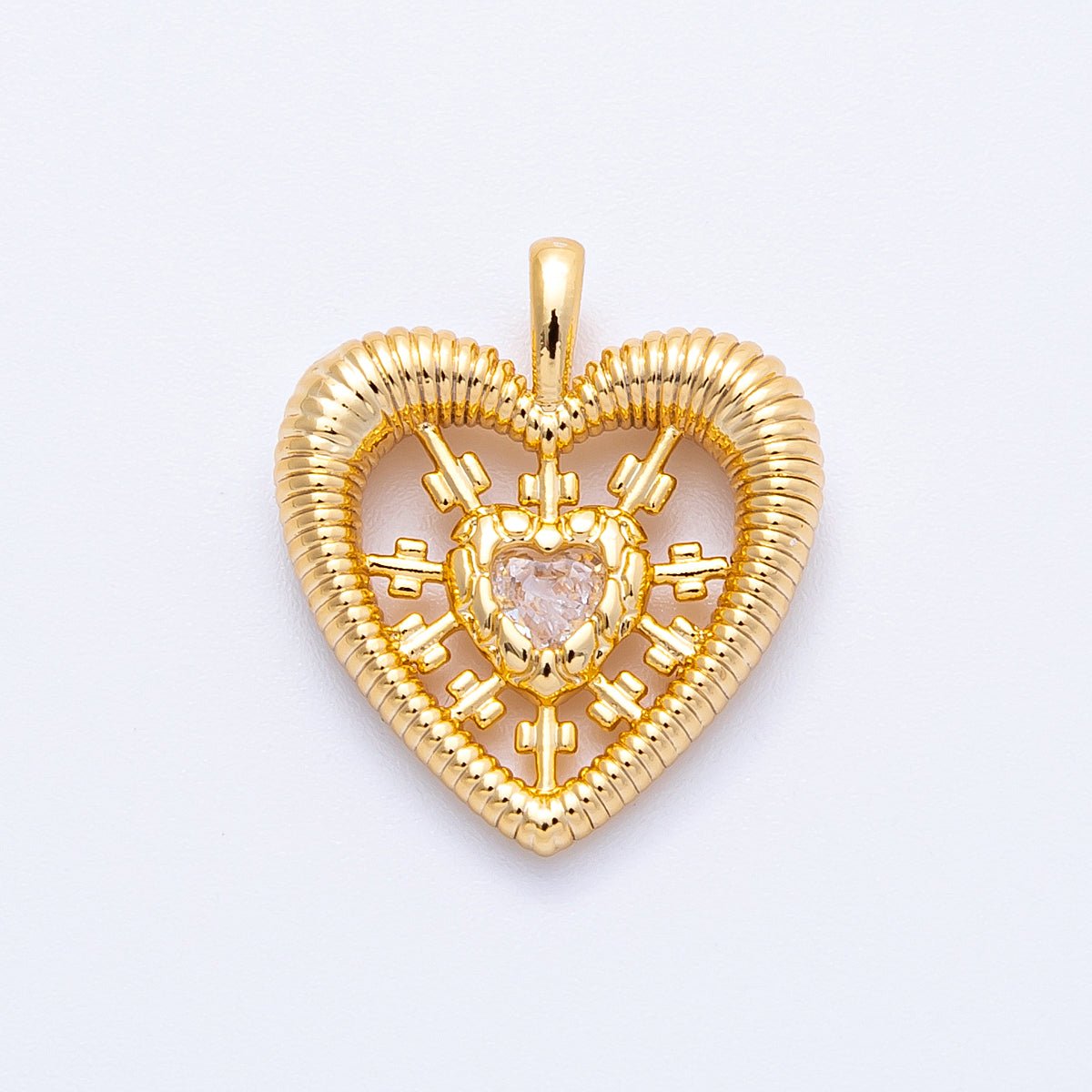 18K Gold Filled 20mm Clear CZ Pierced Sunburst Ribbed Heart Pendant | Charms - 00341 - DLUXCA